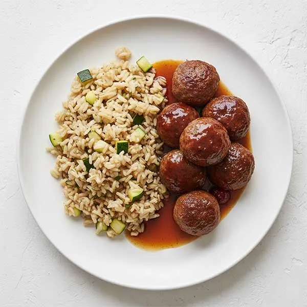 Swedish Beef Meatballs with zucchini Brown Rice medley and jus